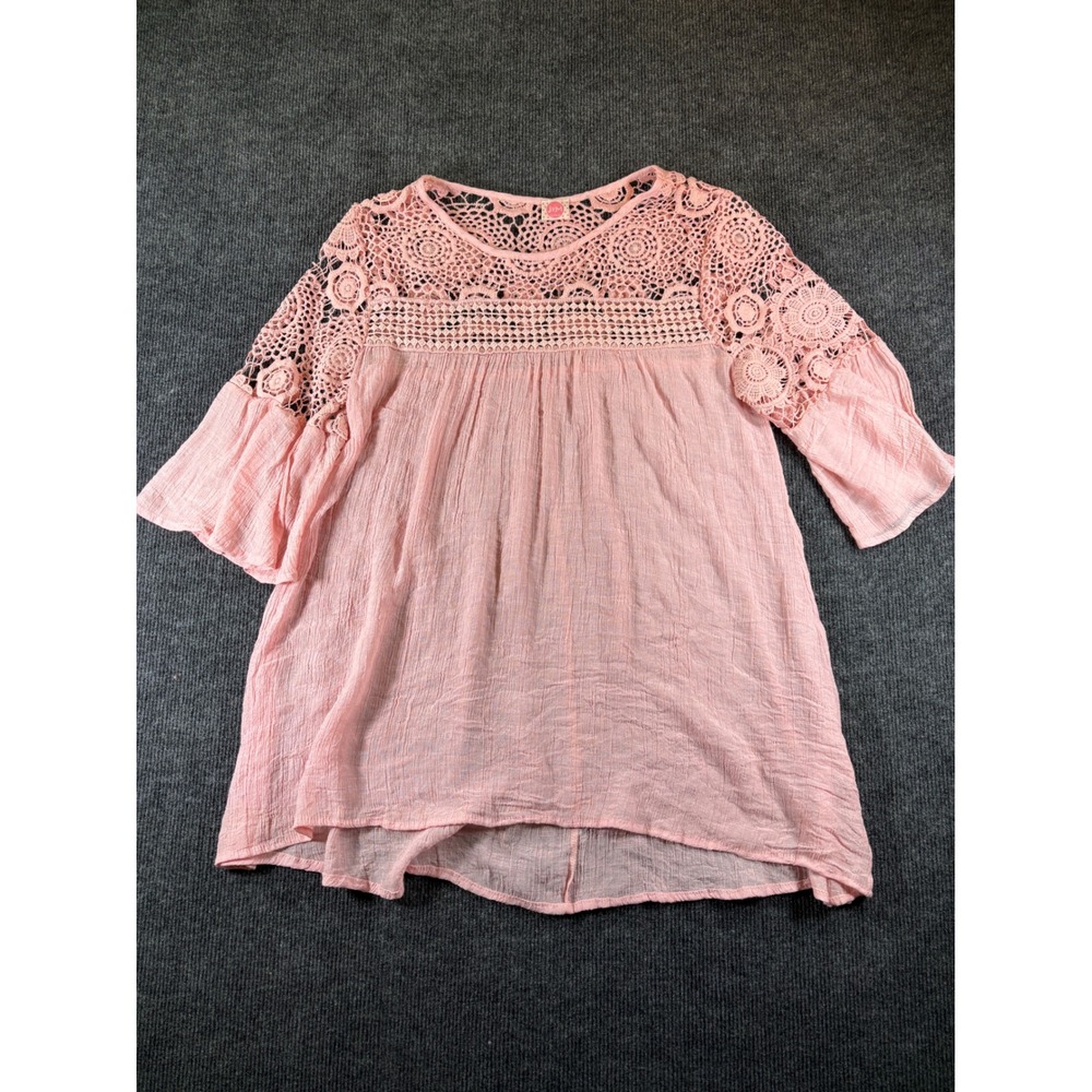 J&M Clothing Pink Crochet Lace Yoke Bell Sleeve Boho Blouse Medium JT3484NY‎